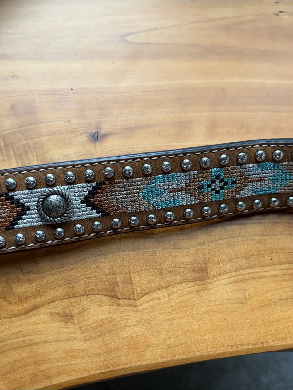 Embroidered Western-Style Brown Leather Belt with Turquoise Accents